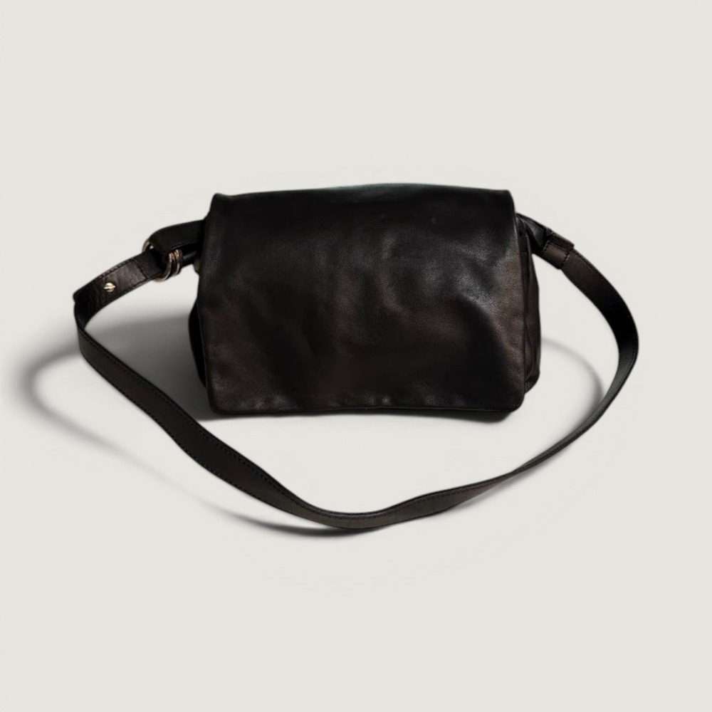 Francesco Biasia Black Leather Flap Shoulder Bag Silver Ring Italian Crossbody